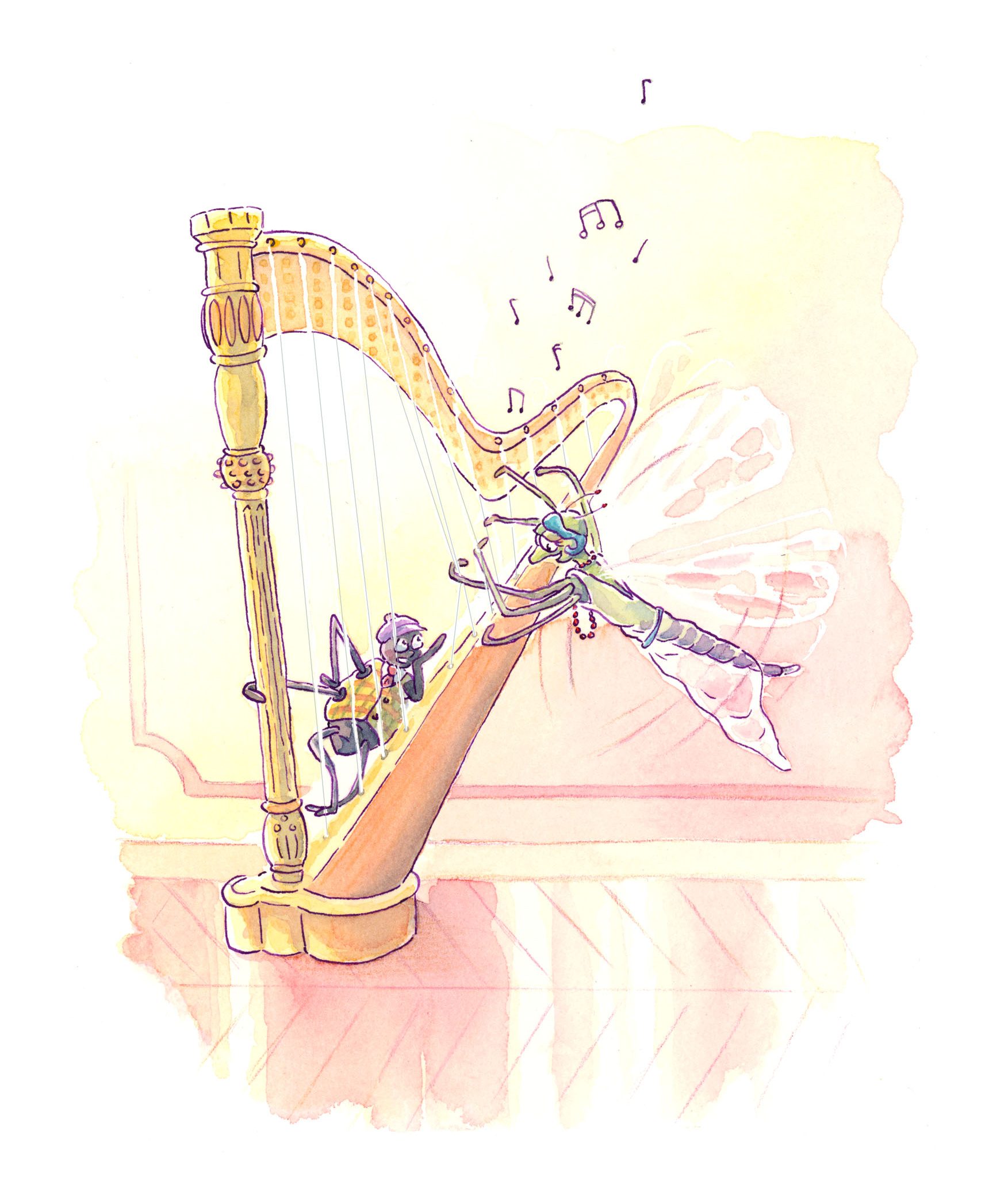 Concerto à la harpe - aquarelle sur papier - camille Severy